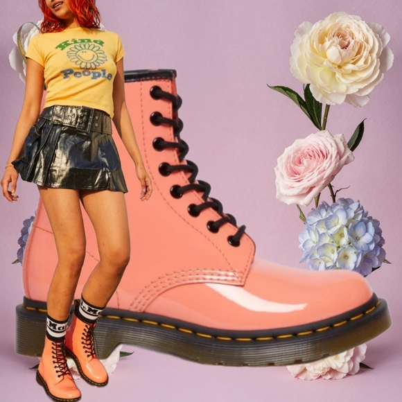 Dr. Martens Shoes - DR. MARTENS 1460 Women's Patent Leather Lace Up Boots in the color Coral